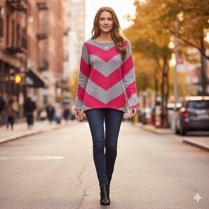 Liz Claiborne Chevron Long Sleeve Sweater Womens Medium Gray Pink Stripe Cozy